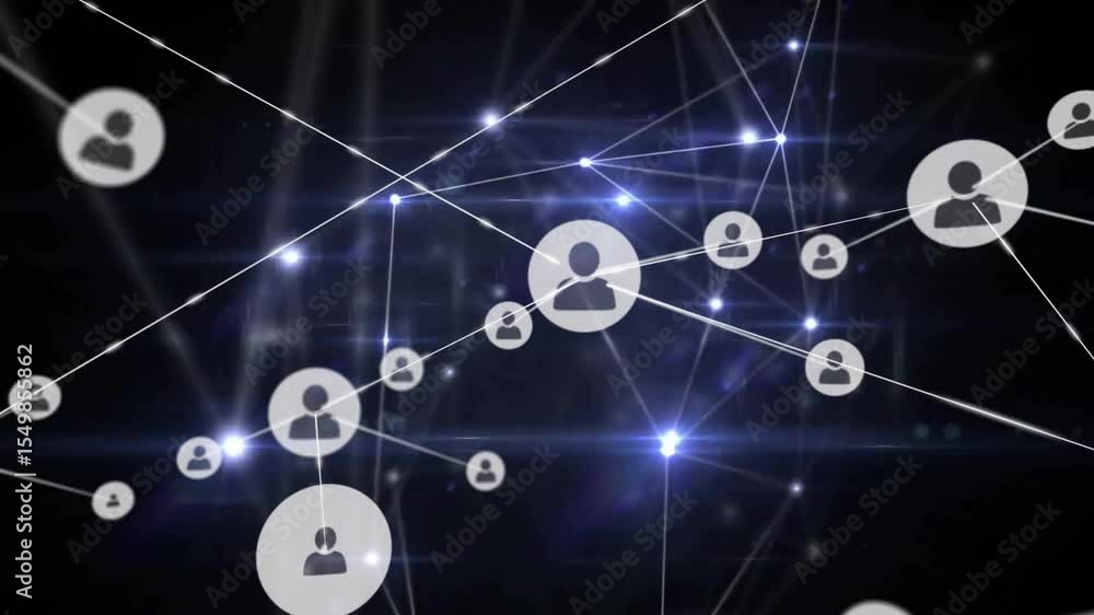 Poster user icon initiating network growth, spawning icons and linking lines while camera panning