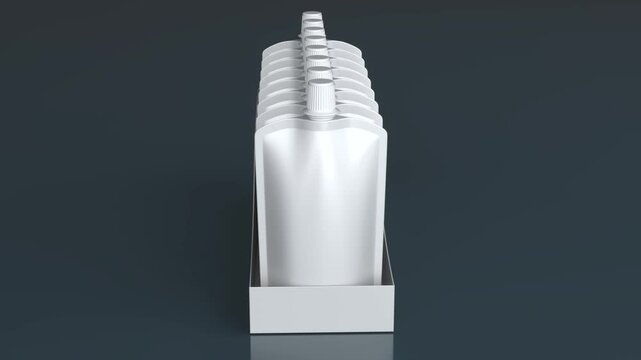 Realistic display box with doypack stand-up spouted pouches rotates. 3d animation on blue background
