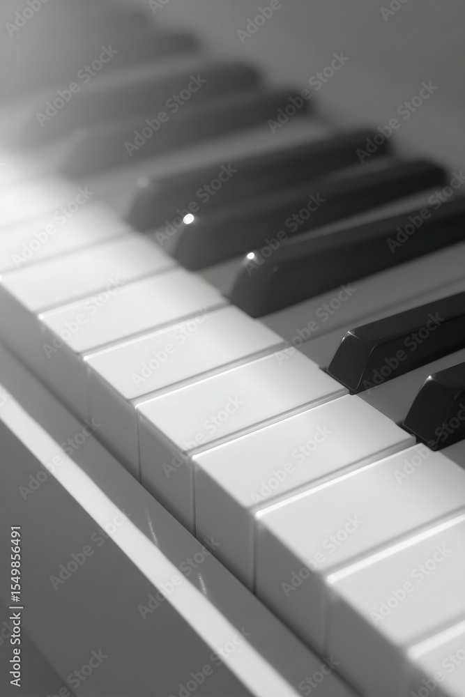 Poster organ keyboard illuminated by soft natural light in minimalistic setting with ample copy space in fr