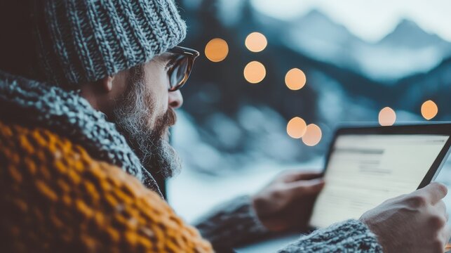 A bearded man in a knitted sweater enjoys working on a tablet inside a cozy cabin draped in snow, showcasing warm ambiance and the joy of remote working.