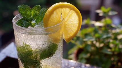 Summer lemonade with lemon slices, mint leaves and sparkling ice, in a glass with natural light and green garden background – refreshing and vibrant