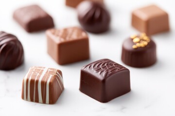 capture luxurious assortment of fine chocolates elegantly arranged on pristine white background