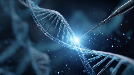 Blue DNA double helix with water molecule blue background. Human genetic research DNA, laboratory environment. Abstract image of human genetics, which glowing DNA strands merge with digital elements