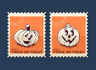 Vintage Halloween Postage Stamp Illustration Rustic Set&mdash;Hand-Drawn Jack-o'-Lantern Pumpkins in Retro Style