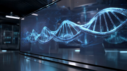Blue DNA double helix with water molecule blue background. Human genetic research DNA, laboratory environment. Abstract image of human genetics, which glowing DNA strands merge with digital elements