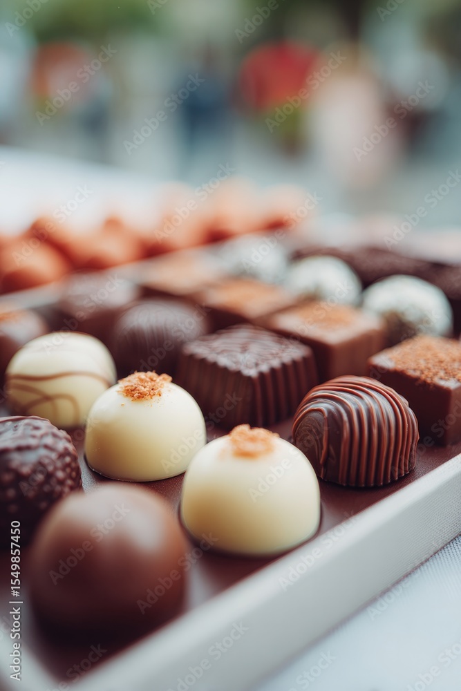 Poster capture minimalistic image showcasing variety of chocolates displayed artistically in foreground