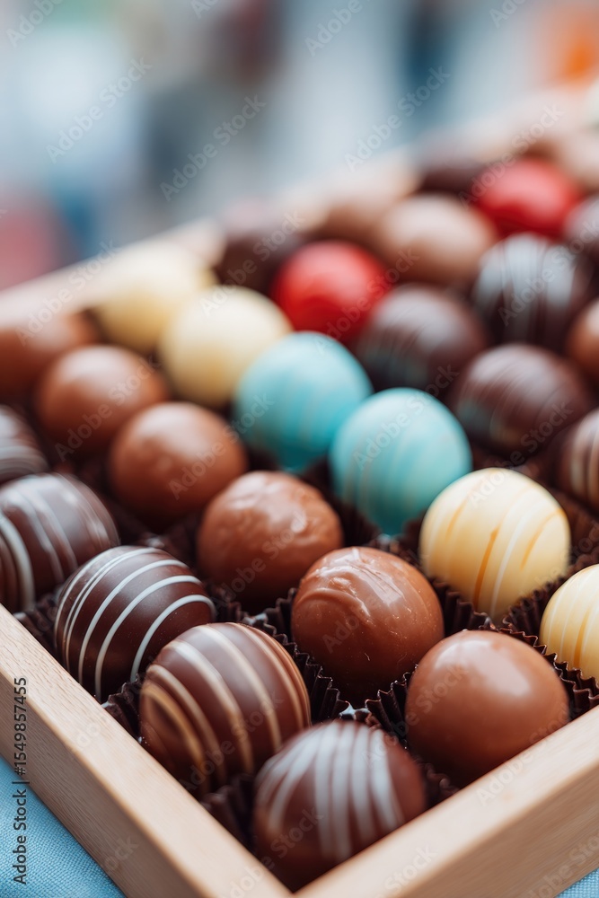 Poster capture minimalistic image showcasing variety of chocolates displayed artistically in foreground