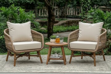 Outdoor lounge set with two natural wood armchairs with beige cushions, coffee table, side tables, and greenery on area rug