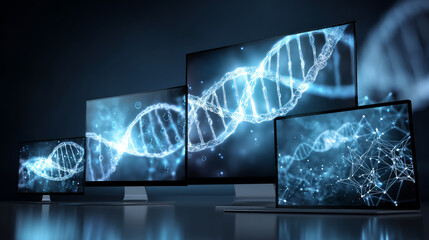 Blue DNA double helix with water molecule blue background. Human genetic research DNA, laboratory environment. Abstract image of human genetics, which glowing DNA strands merge with digital elements