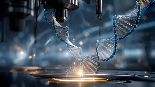 Blue DNA double helix with water molecule blue background. Human genetic research DNA, laboratory environment. Abstract image of human genetics, which glowing DNA strands merge with digital elements