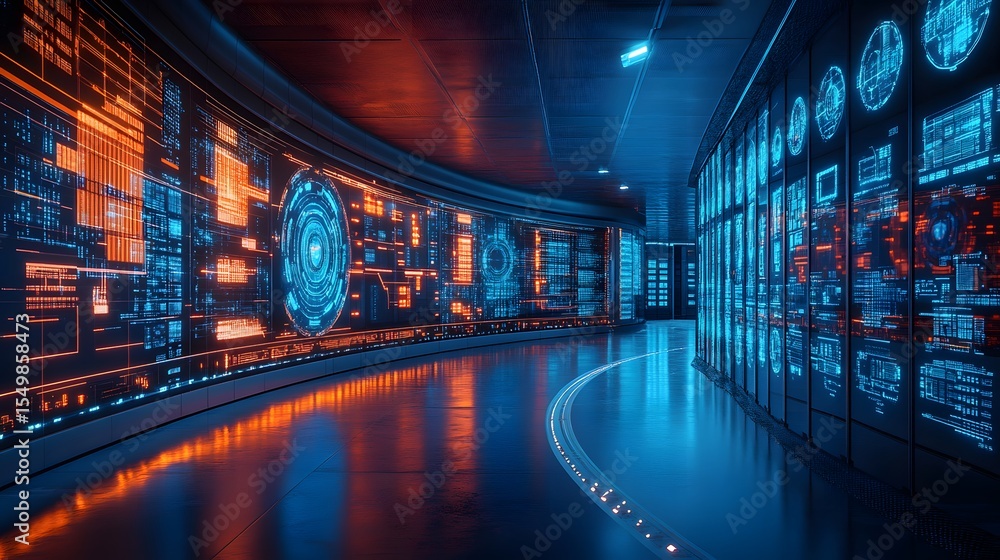 Poster a futuristic data center with glowing screens displaying complex information. cyberpunk aesthetic. n