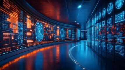 A futuristic data center with glowing screens displaying complex information. Cyberpunk aesthetic. nuclear control panel room