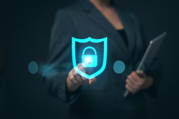 Businessman finger touching padlock icon.Cybersecurity protection concept.Innovative digital crime prevention technology.Financial data protection financial transaction security