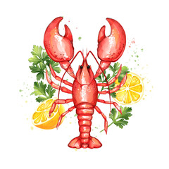 Red Lobster illustration with lemon and parsley. Seafood product, restaurant menu.