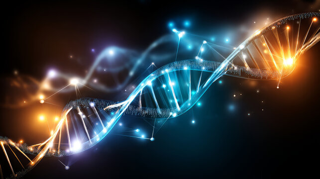 Blue DNA double helix with water molecule blue background. Human genetic research DNA, laboratory environment. Abstract image of human genetics, which glowing DNA strands merge with digital elements