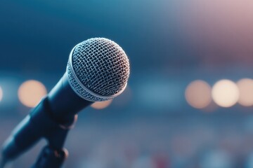 close-up of microphone on dimly lit stage people enjoying karaoke with blurred faces in background