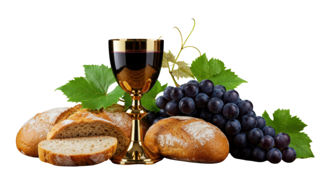Golden Chalice, Wine, Bread, and Grapes for Holy Communion isolated on white background - Powered by Adobe