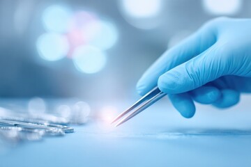 close-up of surgeon gloved hands holding scalpel over sterile field