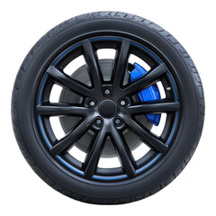 Obraz premium Car tire with black rim and blue accents isolated on png transparent background