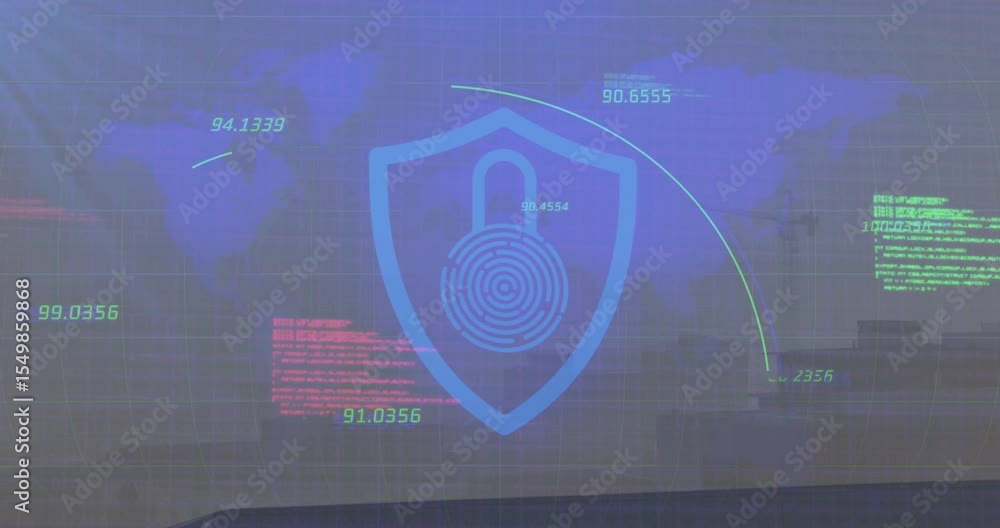 Poster projecting shield padlock while linking lines updating code blocks pulsing rings scanning networks