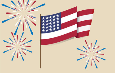 Fourth of July. American Flag with Fireworks for Independence Day Celebration, perfect for July 4th patriotic themes. Editable file