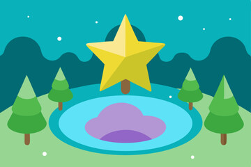 Magical Winter Night Scene Starry Lake and Festive Trees