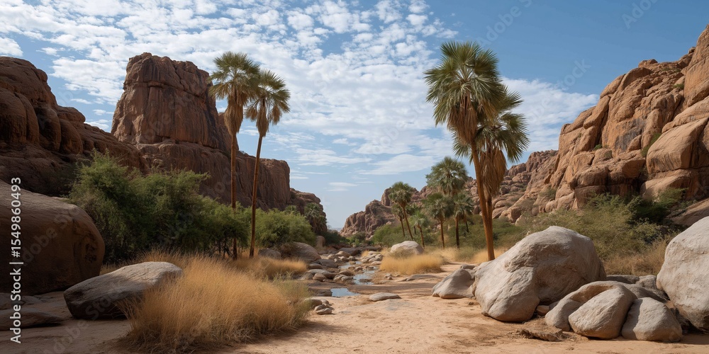 Poster a desert landscape with a river running through it. the trees are sparse and the rocks are large. th