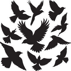 Flying Bird Silhouette Set – multiple birds in flight with varied wing positions.