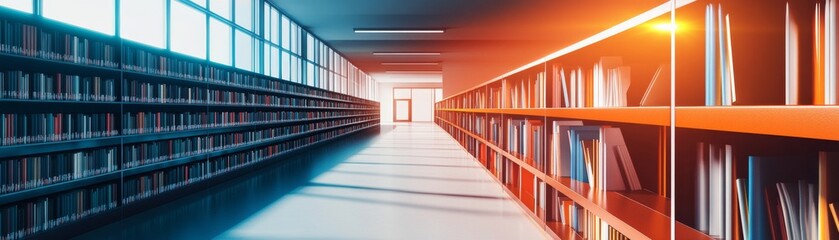 Obraz premium Modern Library Bookshelves Warm and Cool Light Concept, Library Interior Design, Book Collection Library, Bookshelves