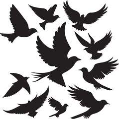 Flying Bird Silhouette Set – multiple birds in flight with varied wing positions.
