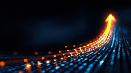 A curved arrow graph business growth, pointing to the top right, made of blue and orange color motion lights, dark blue background.