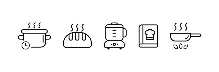 Food icon collection. Containing meal, restaurant, dishes icon. Kitchen utensil - pan, oven, cookbook, saucepan, weight, chef hat, blender, glass crockery, casserole. Vector Illustration. 