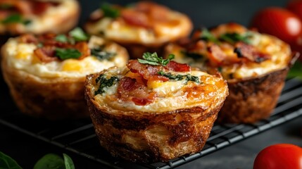 Freshly baked breakfast muffins topped with crispy bacon, colorful greens, and melted cheese, embodying a delicious combination of flavors perfect for any morning meal.