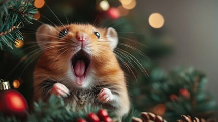 A close-up of a cute hamster with a joyful expression, surrounded by festive holiday decorations, perfectly capturing the spirit of Christmas and the innocence of pets in celebrations.