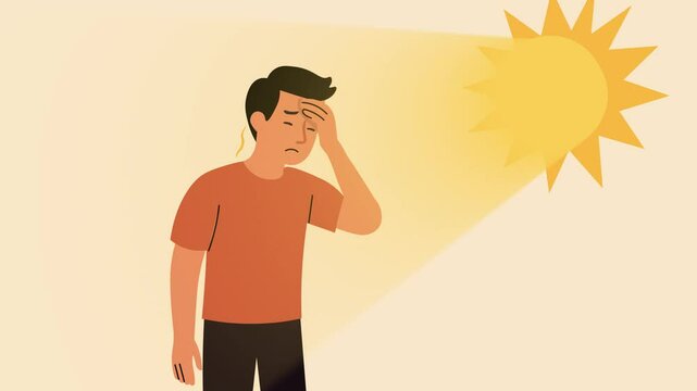 Man Facing Intense Summer Heat Under Blazing Sun Rays. Flat Design AnimationThe character sweating or shading his eyes, high temperatures, sun exposure,