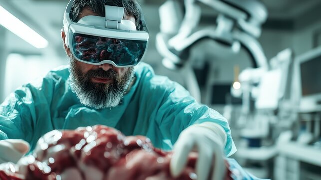 A medical professional utilizing virtual reality technology in an advanced surgical setting, highlighting the intersection of technology and healthcare for precision procedures.