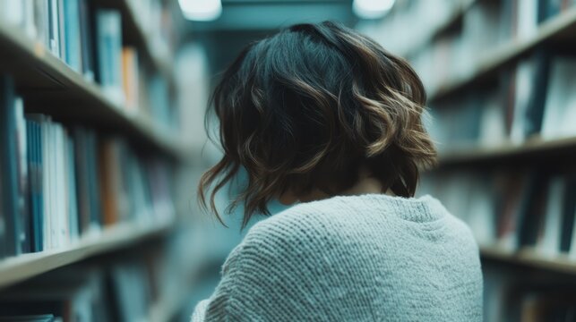 A woman stands with her back to the camera in a library, surrounded by shelves filled with books, evoking thoughts of knowledge, solitude, and introspection in a serene setting.