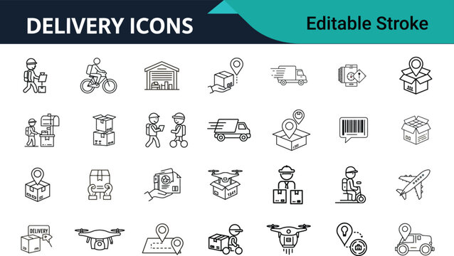 Delivery Service Line Icon Set with Editable Stroke for Courier, Drone, and Package Logistics .