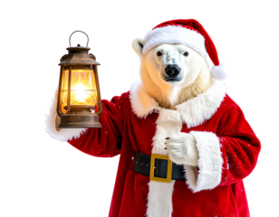 Polar Bear Santa Holding a Lantern, Magical Winter Night, isolated on transparent background PNG