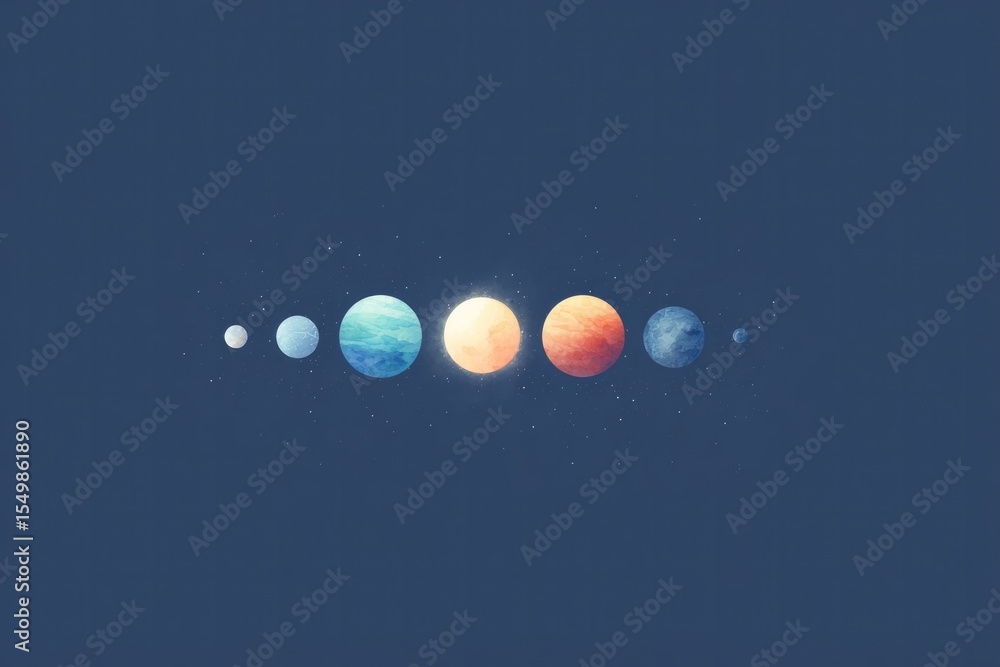 Poster illustration featuring minimalistic solar system with each planet in different artistic style and am