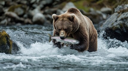 Grizzly bear fishing in a river