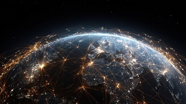 A visualization of the world connected by a digital network, symbolizing the change in communication systems and the impact of digital transformation.