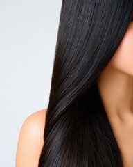 Naklejka premium Shiny silky smooth straight hair treatment texture. Elegant Woman Applying Hair Oil for Smooth and Healthy Hair Care Routine