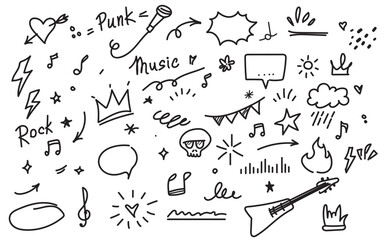 Hand drawn rock and punk music doodle elements with guitar, microphone, skull, heart, and speech bubbles