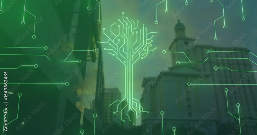 Poster faint green curved line appearing at dusk skyline driving circuits merging into glowing tree fading