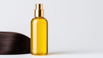 Naklejka premium Shiny silky smooth hair treatment serum. Elegant Woman Applying Hair Oil for Smooth and Healthy Hair Care Routine