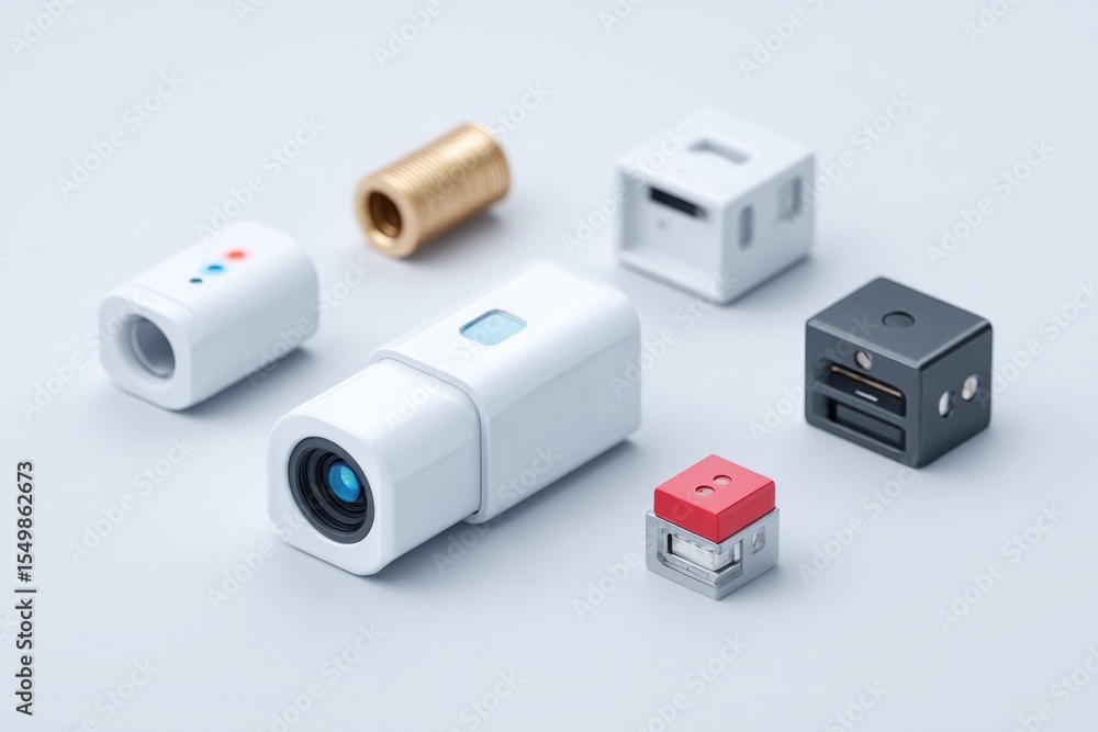 Poster minimalistic arrangement of various modern sensors on clean white background for crisp image