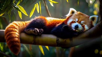 A red panda sleeping on a branch with its tail wrappe 0