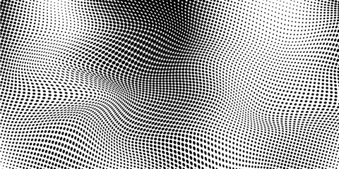 Abstract wave halftone black and white. Monochrome texture for printing on badges, posters, and business cards. Vintage pattern of dots randomly arranged