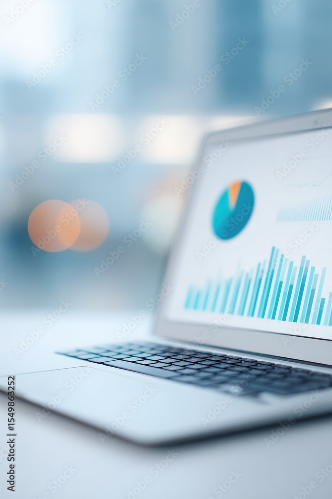 Poster minimalistic image of laptop with financial report open on screen resting on clean white desk